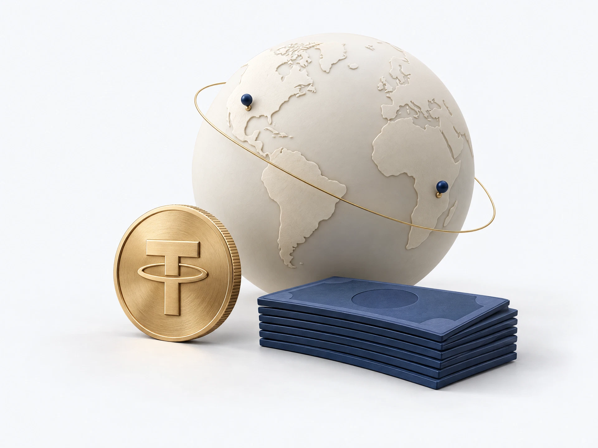Illustration of a globe, a Tether coin and abstract cash cards