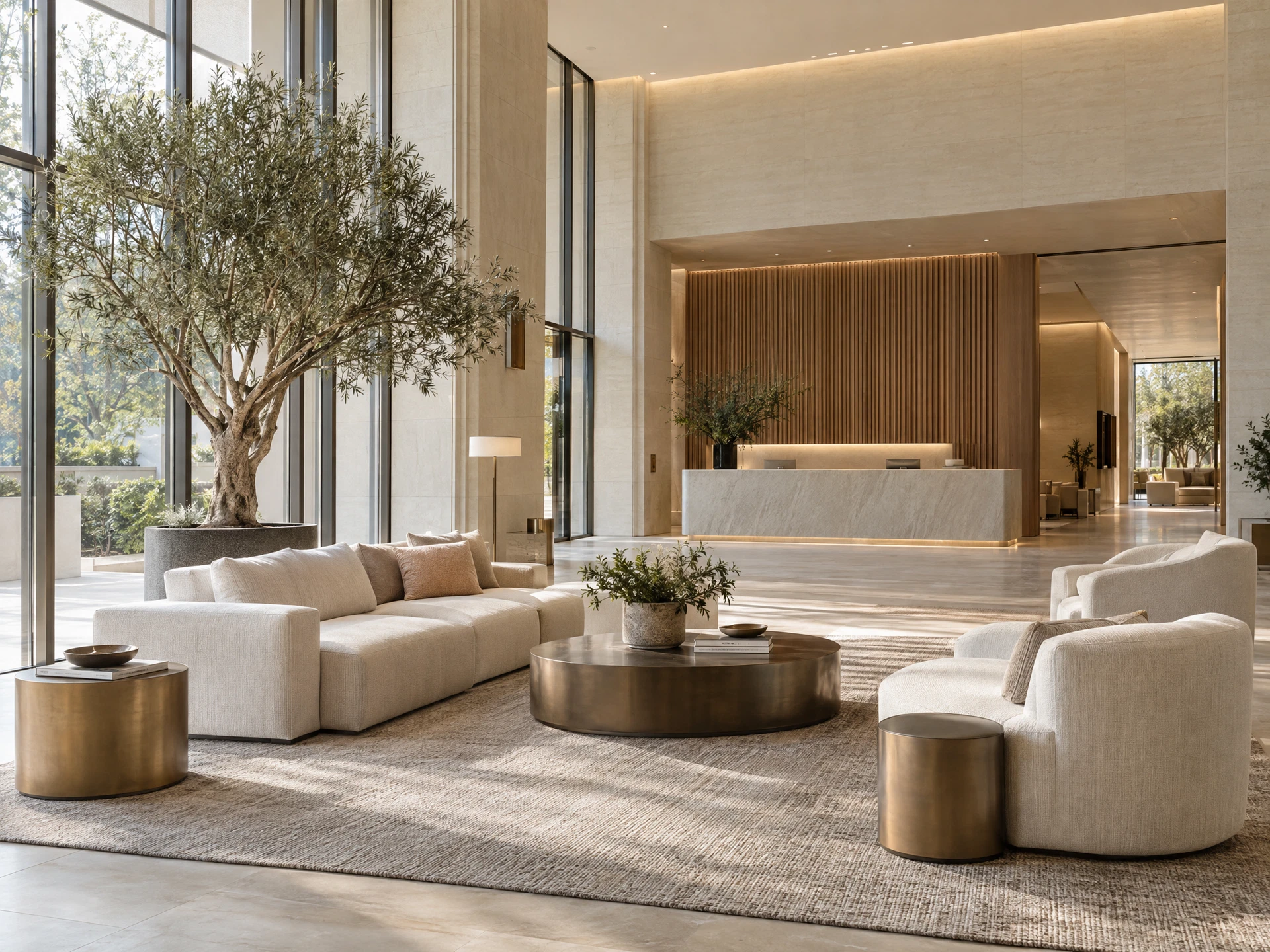 Illustrative airy hotel lobby with comfortable seating and natural daylight