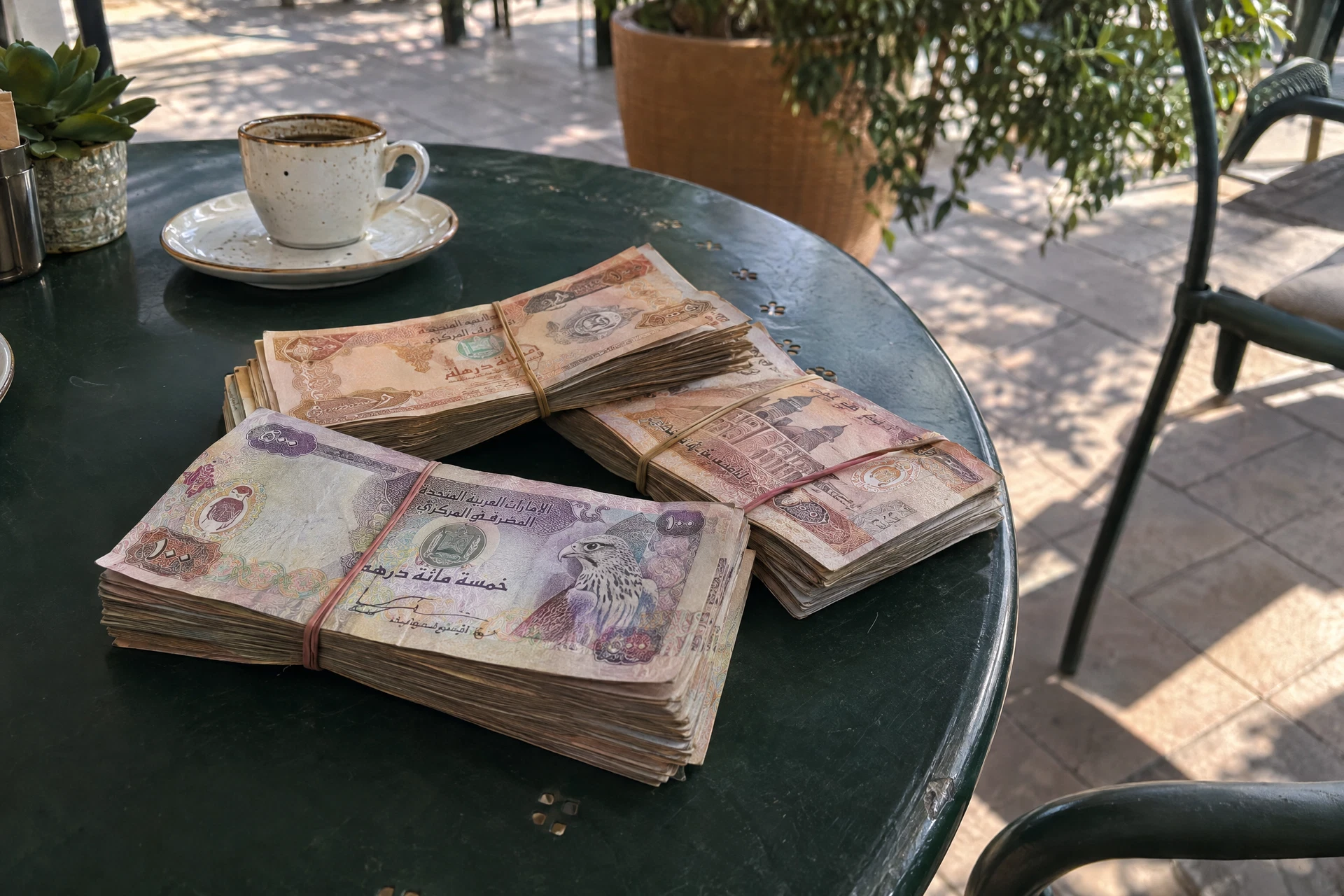 Illustrative scene of UAE dirhams bundles held with rubber bands on an outdoor café terrace table